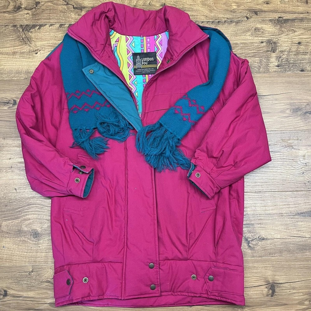 Vintage 80s 90s London Fog 8 Ski Jacket Puffer Pink Neon Scarf‎ Bright Retro Ski